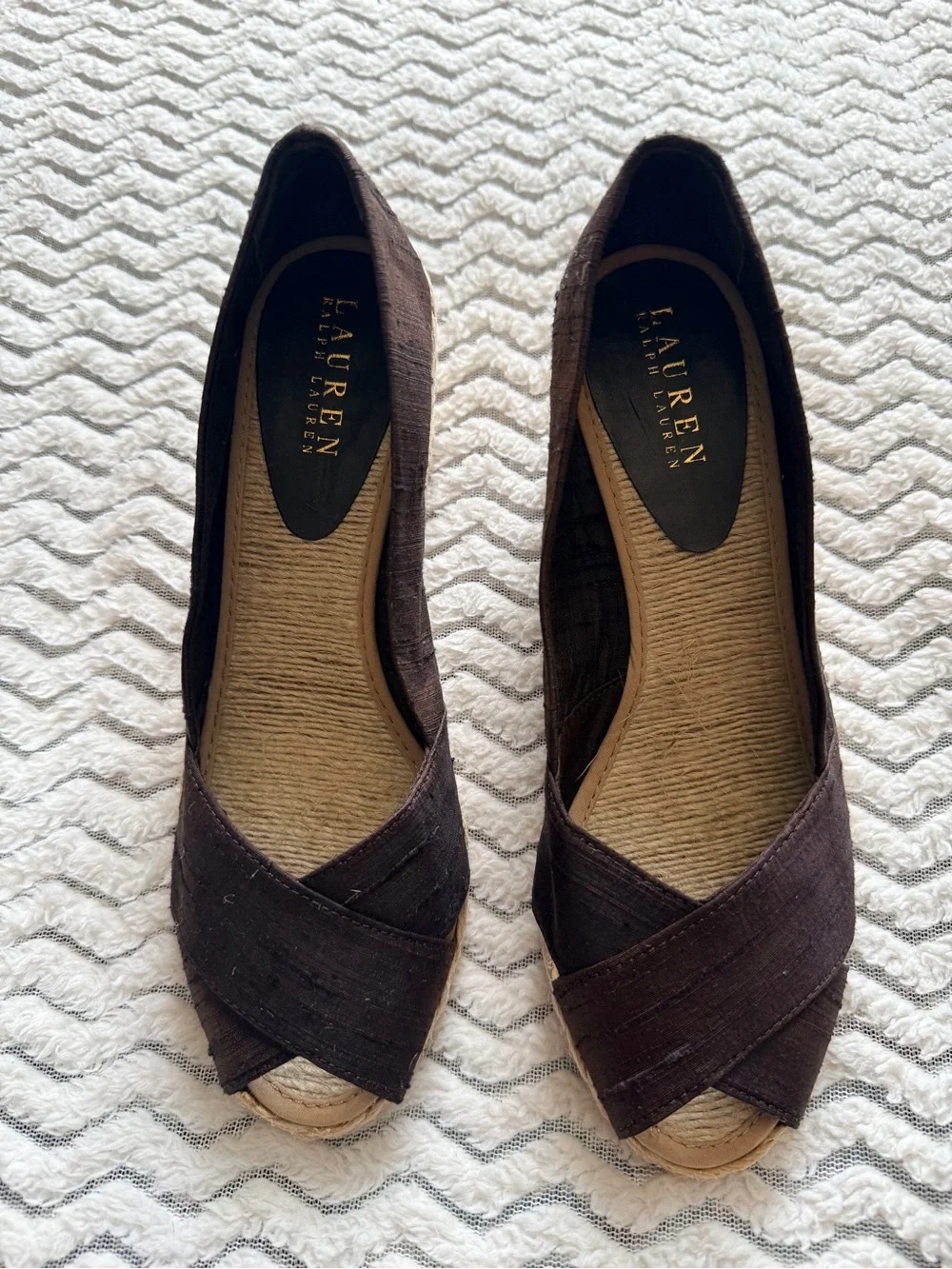 Lauren Ralph Lauren Cecilia Brown Shantung Espadrilles Wedge Slip On Shoes Sz 8B